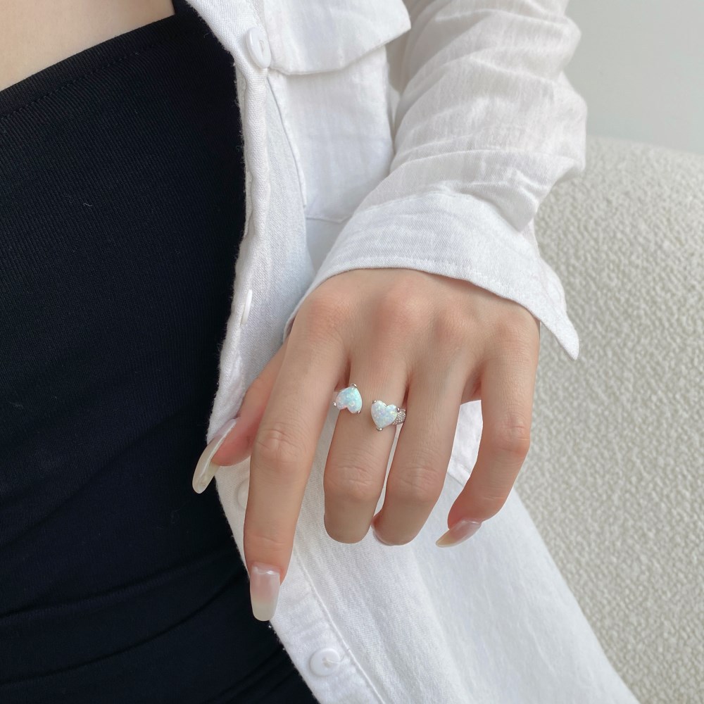 Inlay Design 925 Sterling Silver Opal Open Ring Heart Shape