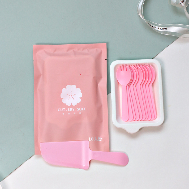 두꺼운 접시 핑크 포크와 스푼 + 나이프 10개 50세트