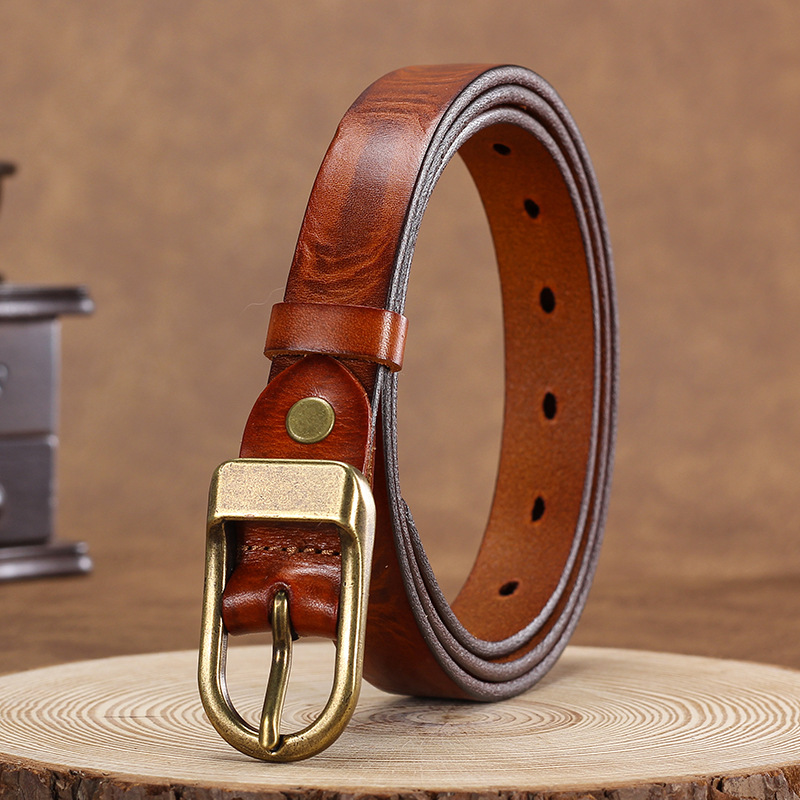 2.5cm Wide Vintage Distressed Decorative Belt Unisex Genuine Cowhide Leather Fashion Versatile Belt - Thumbnail 7