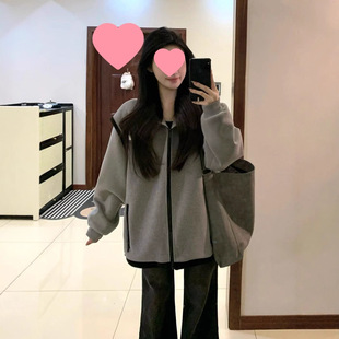 Women's Gray Woolen Coat for Spring and Autumn, Trendy Brand Spliced Couple Coat, Early Spring Loose Casual Versatile Everyday Top