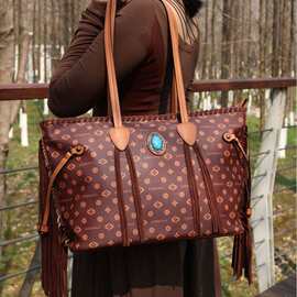 复古风格女士托特包圆点图案休闲时尚大容量拼色购物单肩包妈咪包