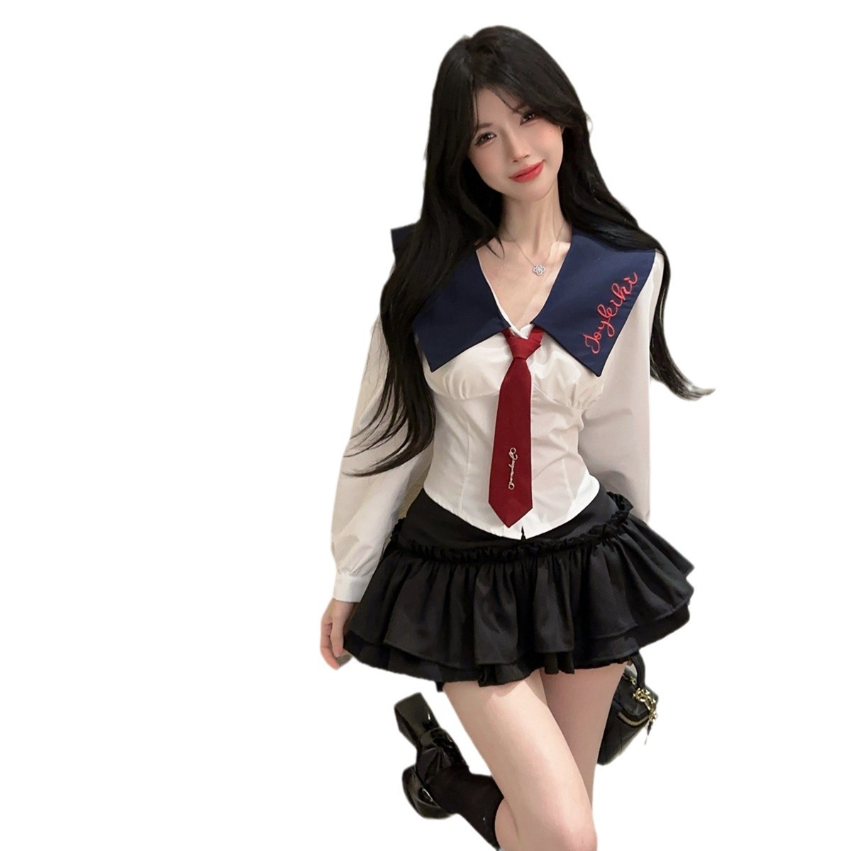 대학 스타일 JK 유니폼 뜨거운 소녀 편지 인쇄 긴 소매 넥타이 상단 세트 높은 허리 케이크 바지 스커트 투피스 세트