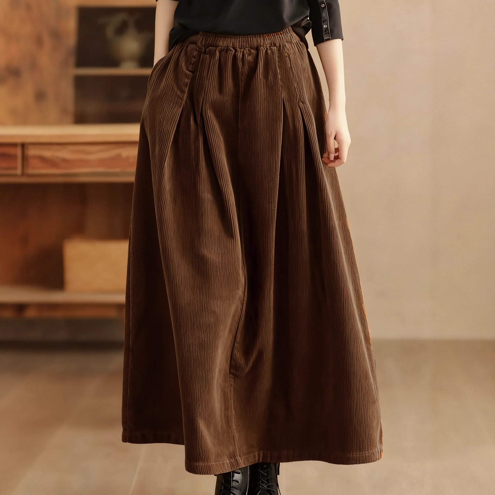 Autumn Corduroy Long Skirt New Retro Cotton Corduroy Skirt Women's Elastic Waist Elegant Large Hem Skirt Stripes Versatile