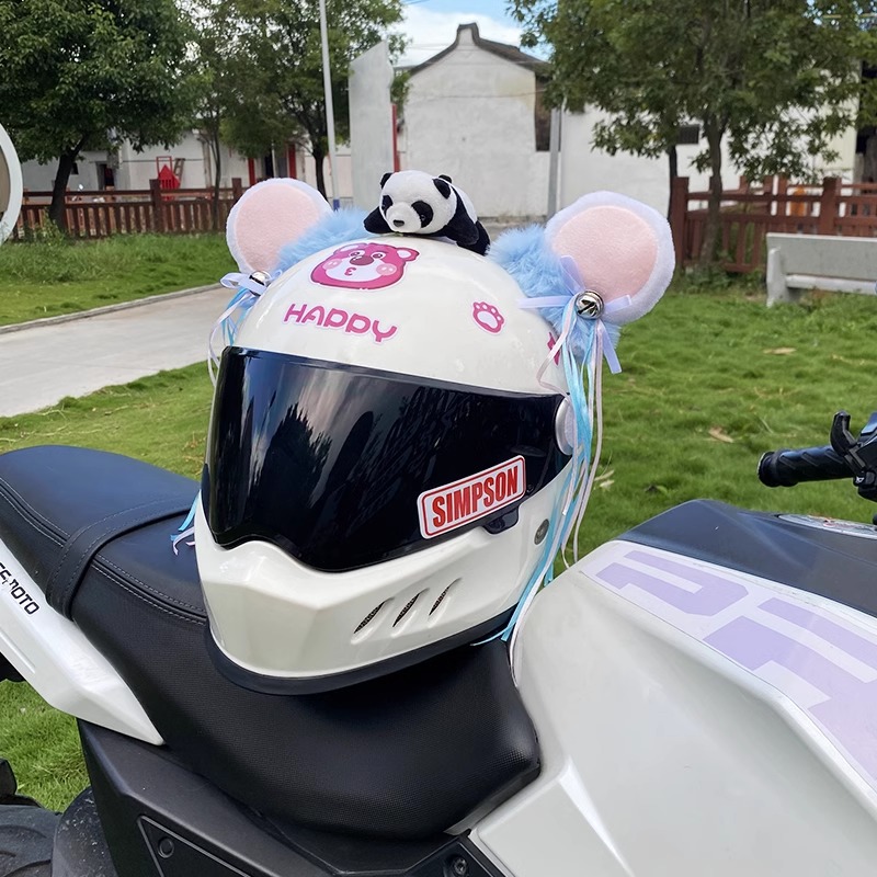 Personalized Creative Plush Thick Fleece Tassel Blue Bear Ear Bell Helmet Decoration