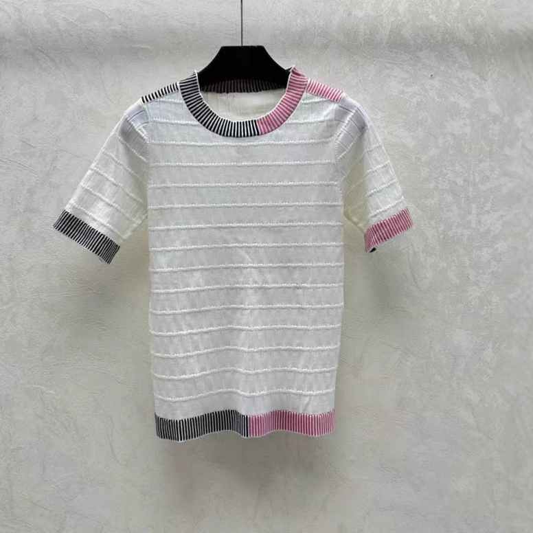 Летний дикий жаккард с круглым вырезом трикотажный топ женский ледяной шелк тонкий короткий рукав новая мода контрастный цвет свободный T