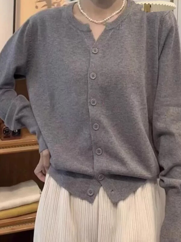 Early Autumn Soft Waxy New Thin Knitted Cardigan Women's Korean-style Round Neck Loose Short Small Outer Sweater Jacket Top