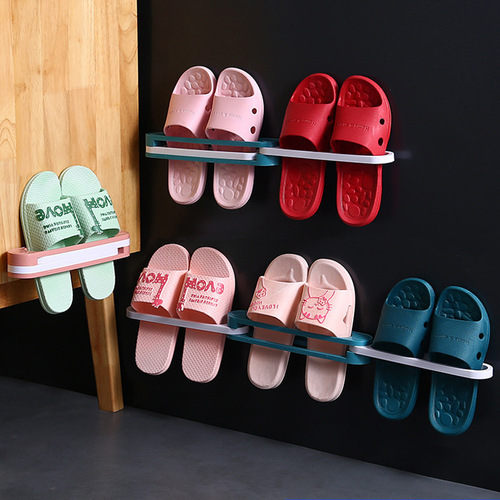 Hole-free foldable three-in-one wall-mounted slipper rack retractable bathroom towel storage rack