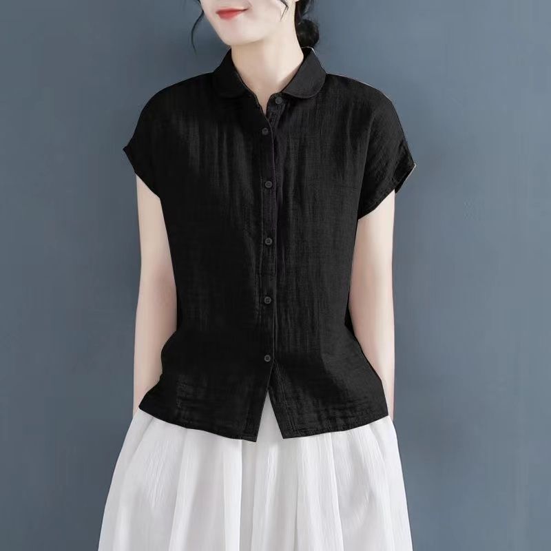 Summer Polo Collar Design Cotton and Linen Short-Sleeved Shirt for Women Loose Small Flying Sleeve Cotton and Linen Shirt Large Size Linen Top