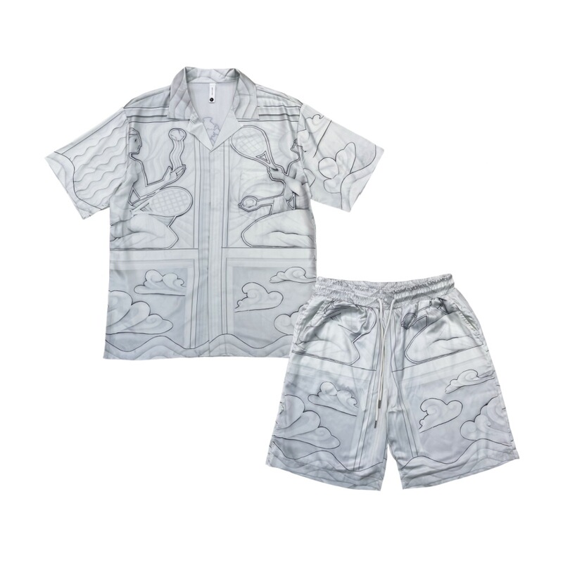 Cross-Border Hawaiian Short-Sleeved Shirt Two-Piece Set Shenhe Tennis Casas Niche Printed Roman Casual Beach Shorts