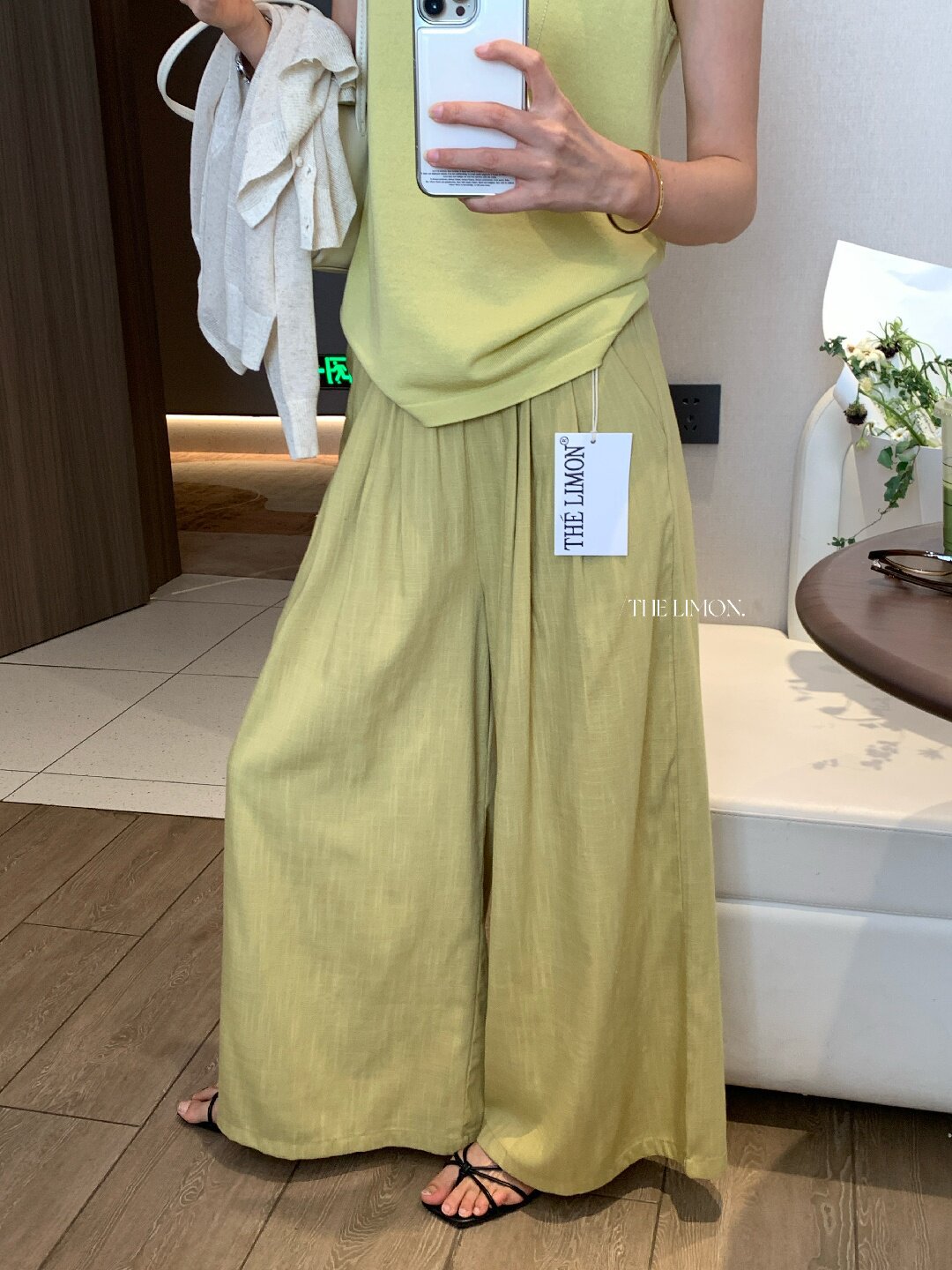 Quần ống rộng nữ vải linen phối cotton dáng suông mùa hè — Xám gạo, Xanh xám nhạt, Xanh đen, Cam bí ngô chi tiết 50