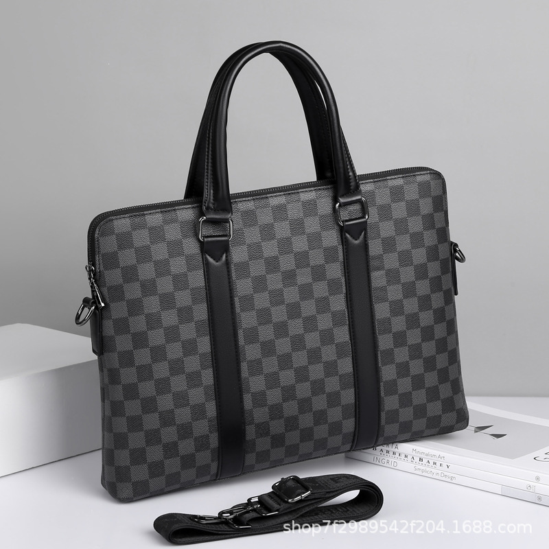 New Korean Style Fashion Business Handbag Trendy Plaid Large Capacity Shoulder Bag Horizontal Briefcase Men's Bag