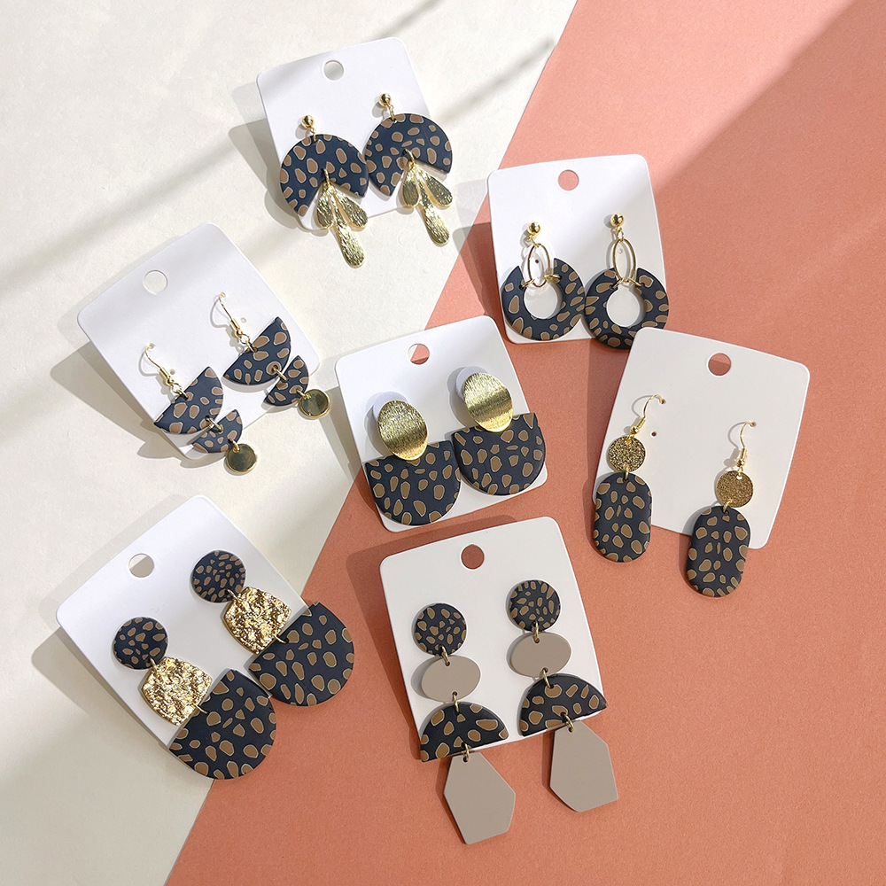 10g Weight 1 Pair Retro Semicircle Oval Polka Dots Soft Clay Patchwork Women's Drop Earrings