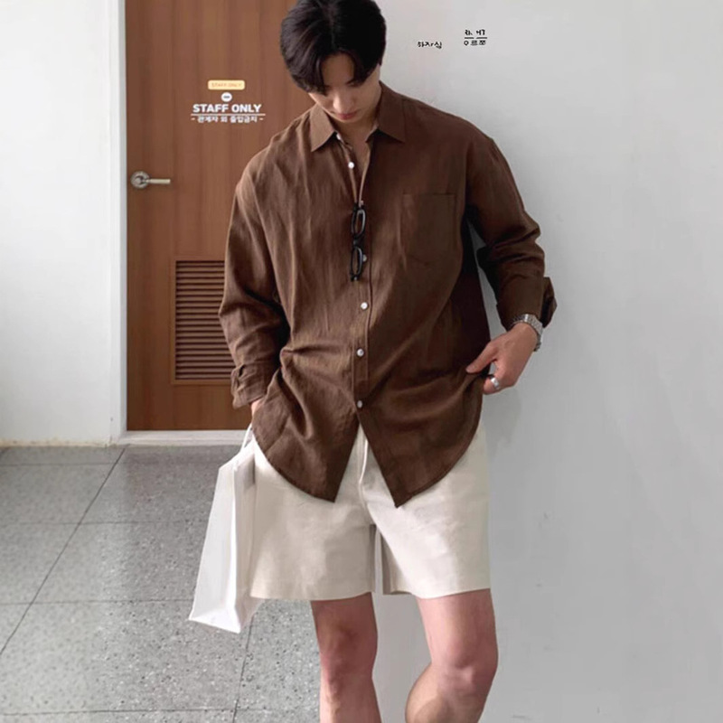 Lazy Style Brown Shirt Men's Breathable Linen Loose Long-sleeved Sunscreen Cardigan American Style Relaxed Cotton and Linen Tooling Shirt