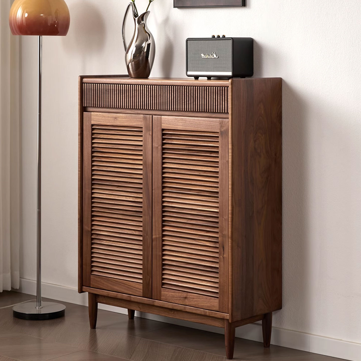 Nordic Solid Wood Shoe Cabinet North American Black Walnut Double Door Japanese Simple Living Room Log Louver Door Entrance Cabinet