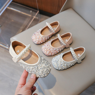 Girls Sandals 2024 Summer Little Girls Princess Shoes Baby Girls Shiny Pearl Shoes Non-Slip Soft Sole Shoes Crystal