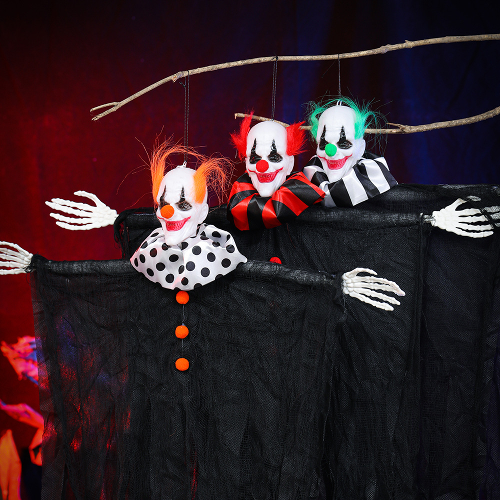 Nuevos accesorios de decoración de Halloween transfronterizos, payaso, calavera, gasa, mueca, fantasma colgante, casa embrujada, decoración de puerta de fiesta