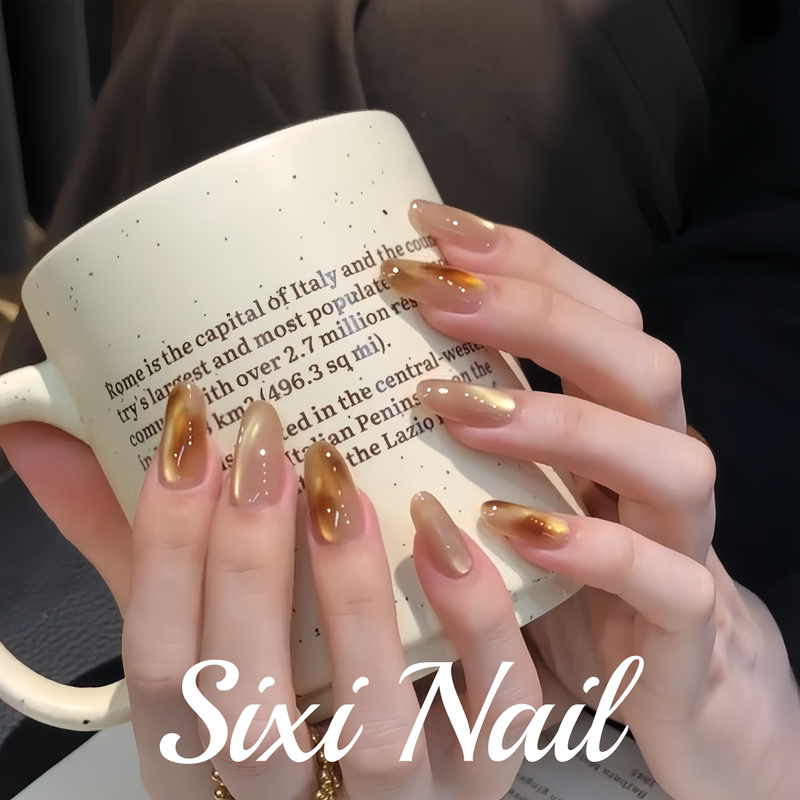 Rich Girl's Amber Gradient Cat-Eye Pure Handmade Wearable Nails, High-End Whitening Nail Art Patches, Fake Nails