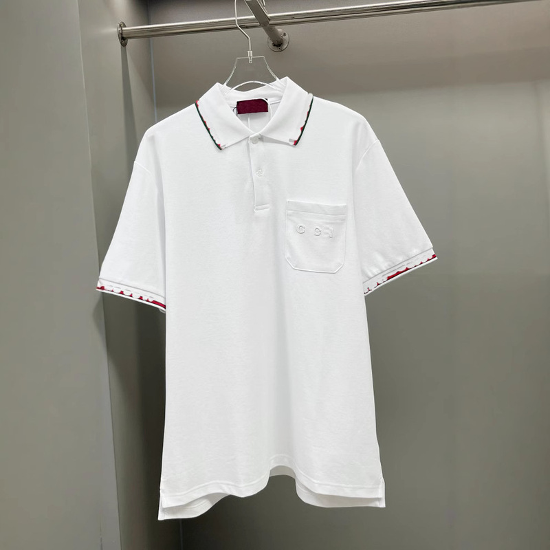 European Style British Men's Business Commuter Polo Shirt with Striped Collar, Pocket, Logo, Short Sleeves, Versatile and Mature