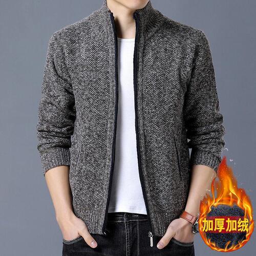 Outdoor Winter Men's Sweater Coat, Thickened Fleece-Lined, Loose-Fitting Knitwear, Men's Casual Zip-Up Knitted Top