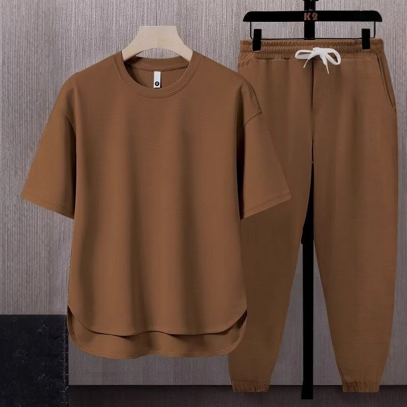 Foreign Trade Set Matching Suit Solid Color Men's T-Shirt 2025 Summer Japanese Trendy Ins Short-Sleeve Long Pants Two-Piece Set