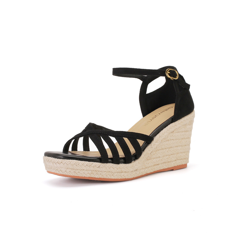 Sandal cao gót nữ hở mũi đế xuồng bọc dây thừng gót 9 cm — màu đen