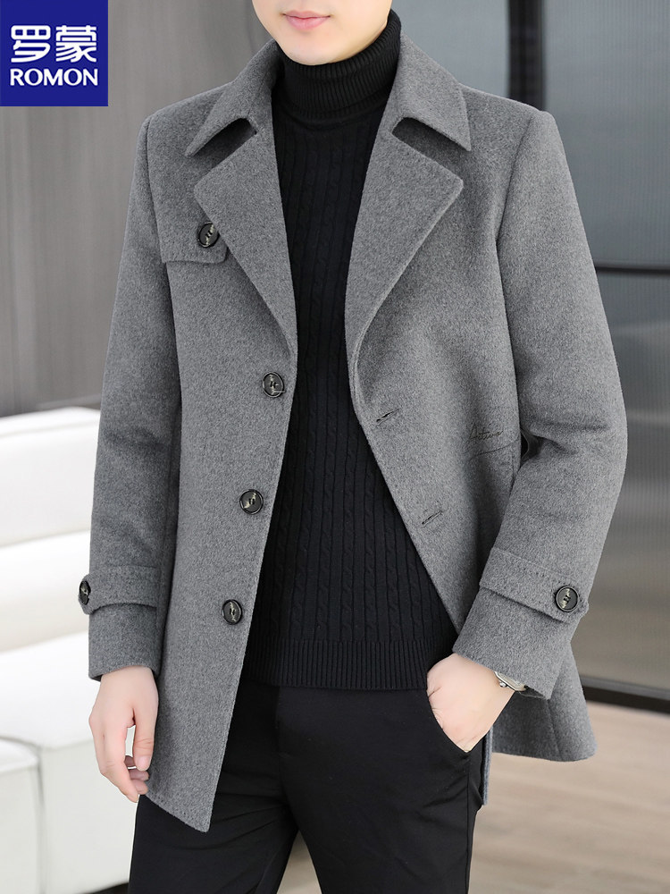 Romon Men's Wool Coat, Mid-Length Casual Jacket, Thickened Slim Fit Cashmere Trench Coat for Autumn and Winter