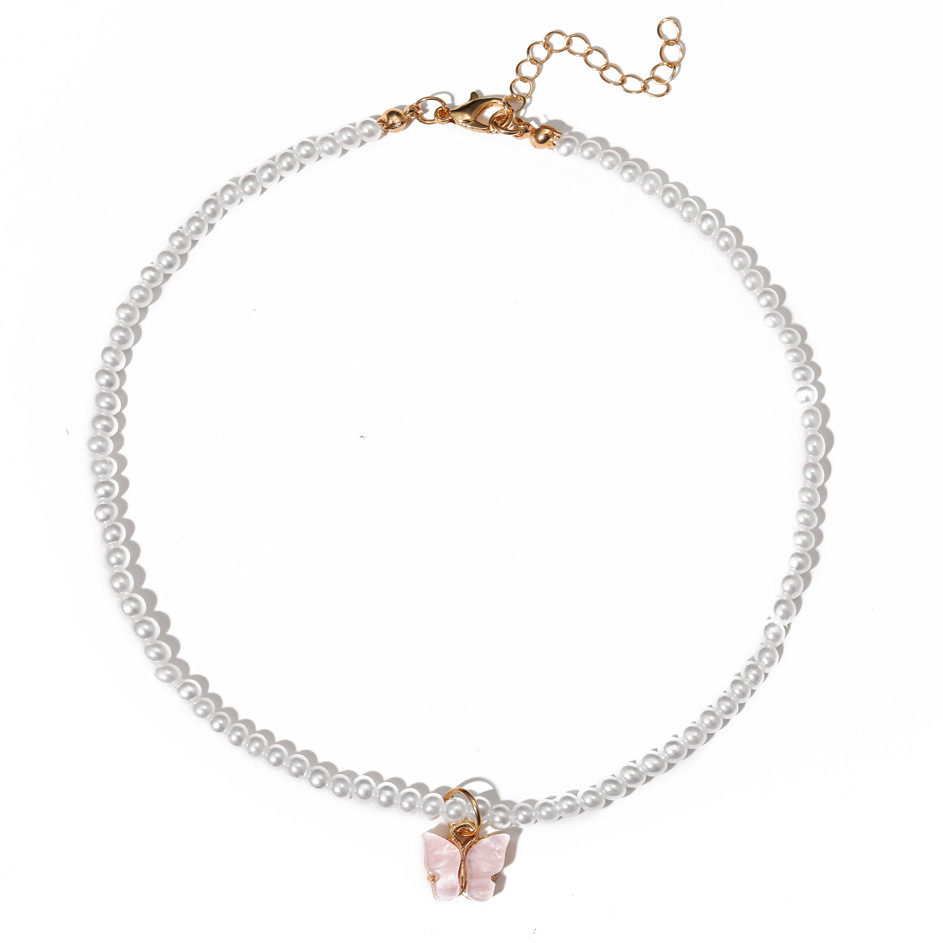 European and American Acrylic Butterfly Pendant Necklace Creative Pearl Clavicle Chain