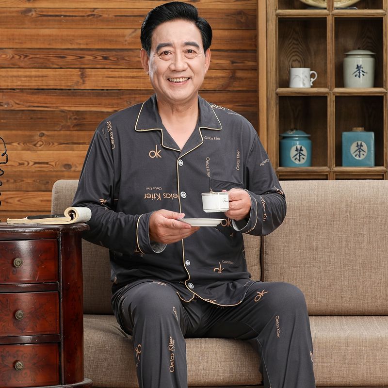 Pijamas de mediana edad y ancianos hombres 100% algodón primavera y otoño manga larga otoño e invierno más tamaño viejo papá traje de uso doméstico