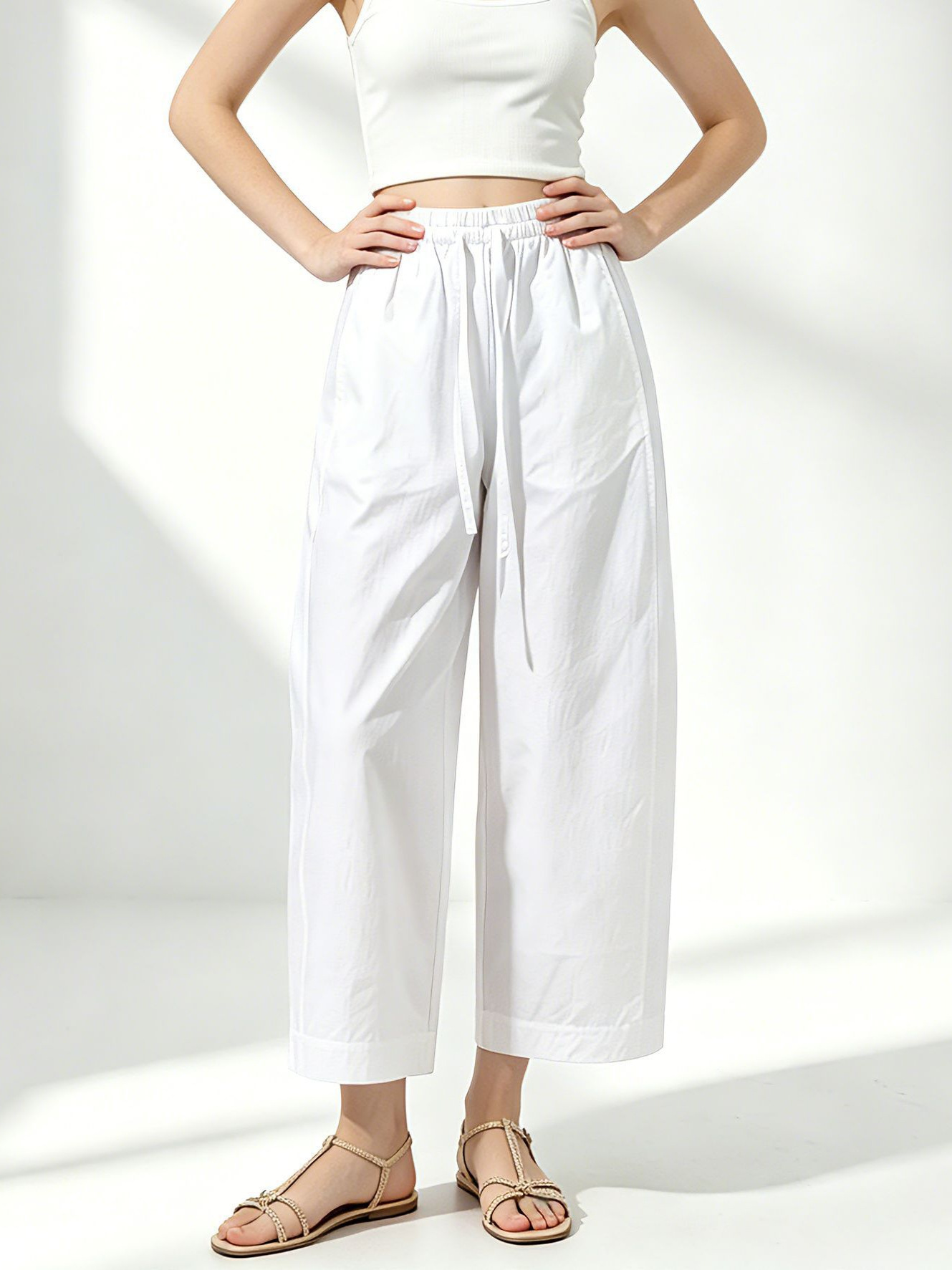 Quần culottes nữ ống rộng cạp thun dây rút, dáng suông rộng, dài 9 phần, chất cotton mềm mại — Ben trắng