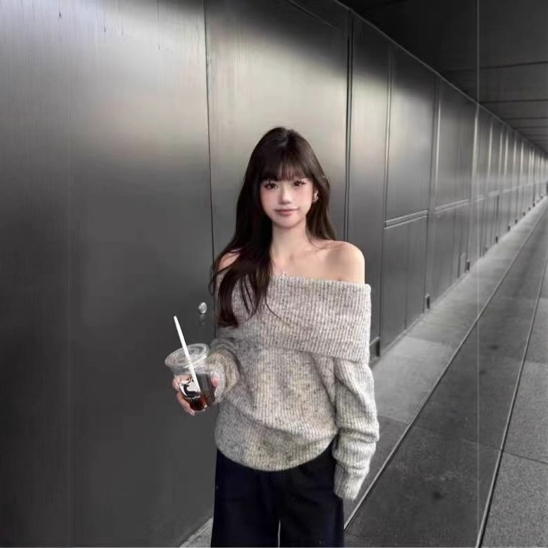 2025秋季大码胖花灰色一字肩针织毛衣女新款感慵懒宽松长袖上衣|undefined