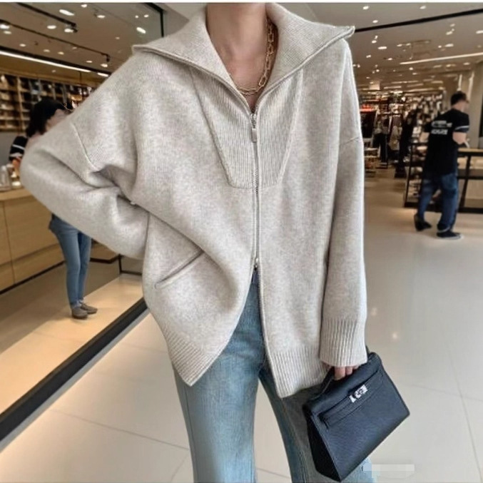 2025 Thunder High Quality Double Zipper Lazy Feeling Fashionable Large Loose Profile Lapel Knitted Cardigan Wool