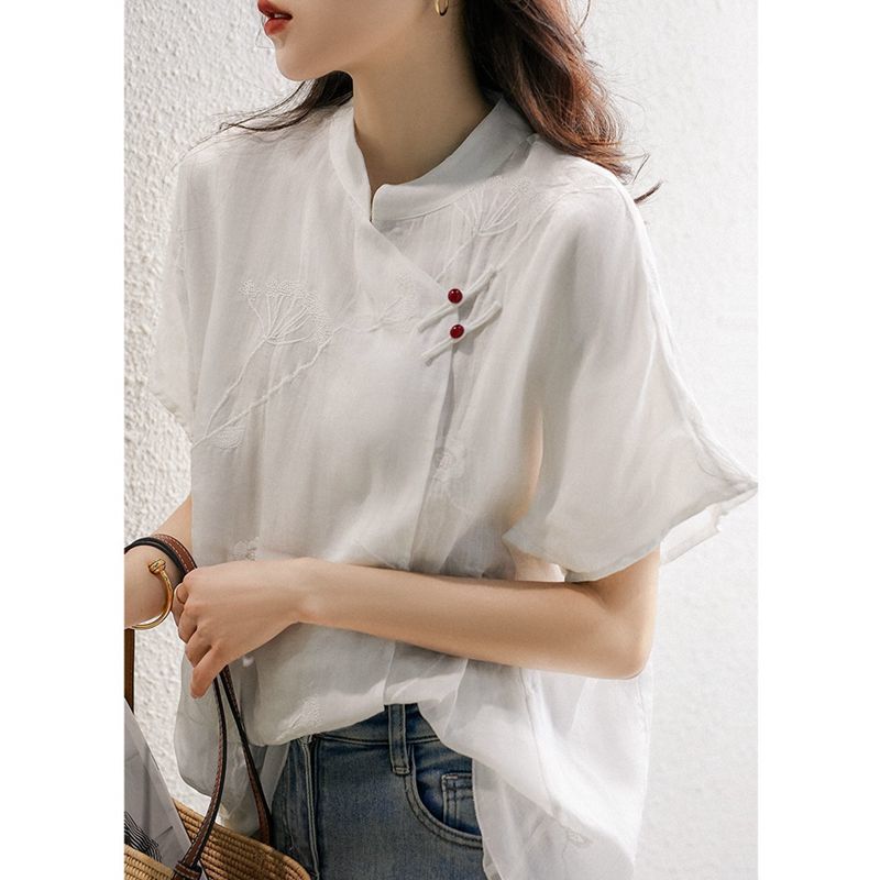 白色立领刺绣盘扣衬衫薄款2025春秋季新款中式改良版旗袍式上衣女