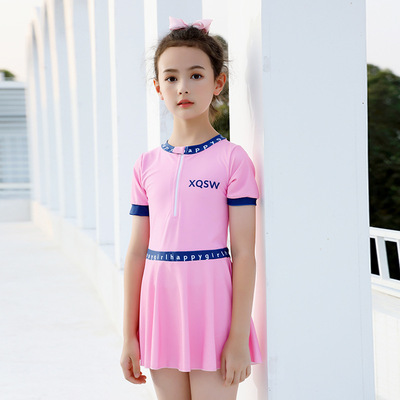 新款女大童泳衣少女运动款连体ins风 防晒跨境出口游泳衣一件代发