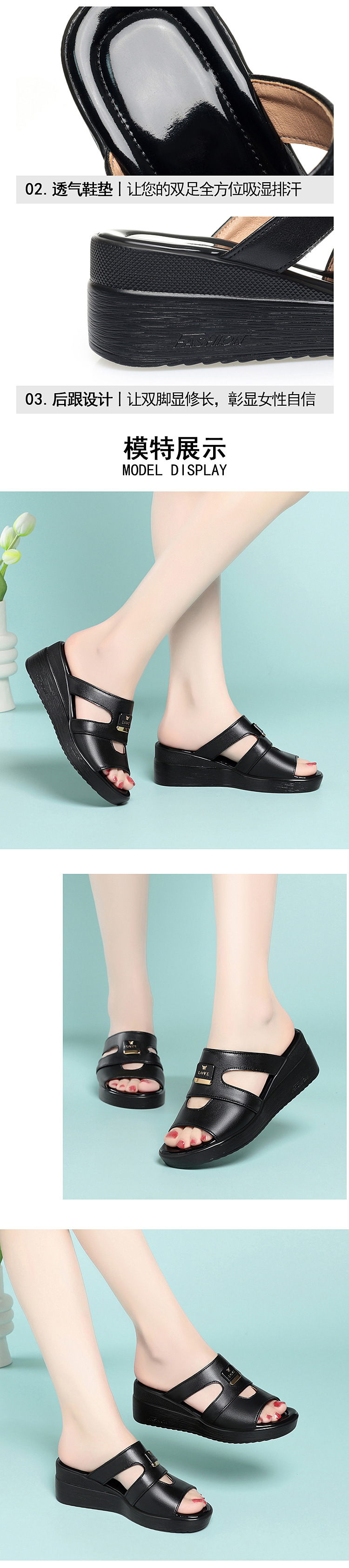 Dép sandal nữ đế xuồng da mềm quai chữ V — màu đen chi tiết 4