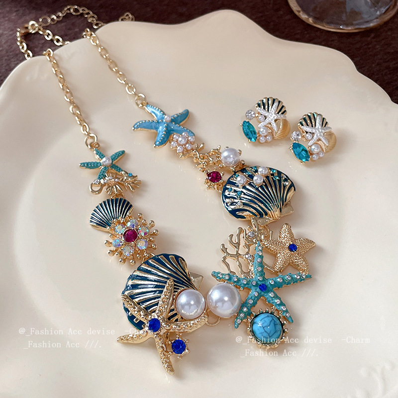 Diamond-encrusted starfish shell pearl necklace cross-border vacation style high-end luxury clavicle chain niche design necklace women