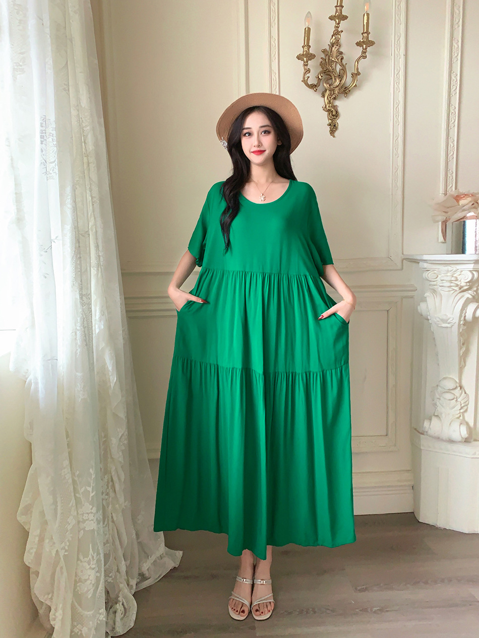 Short-sleeved Cotton Silk Women's Dress, European And American 2025 New Style, Round-neck Seaside Vacation Style Dress_ecoleips.com