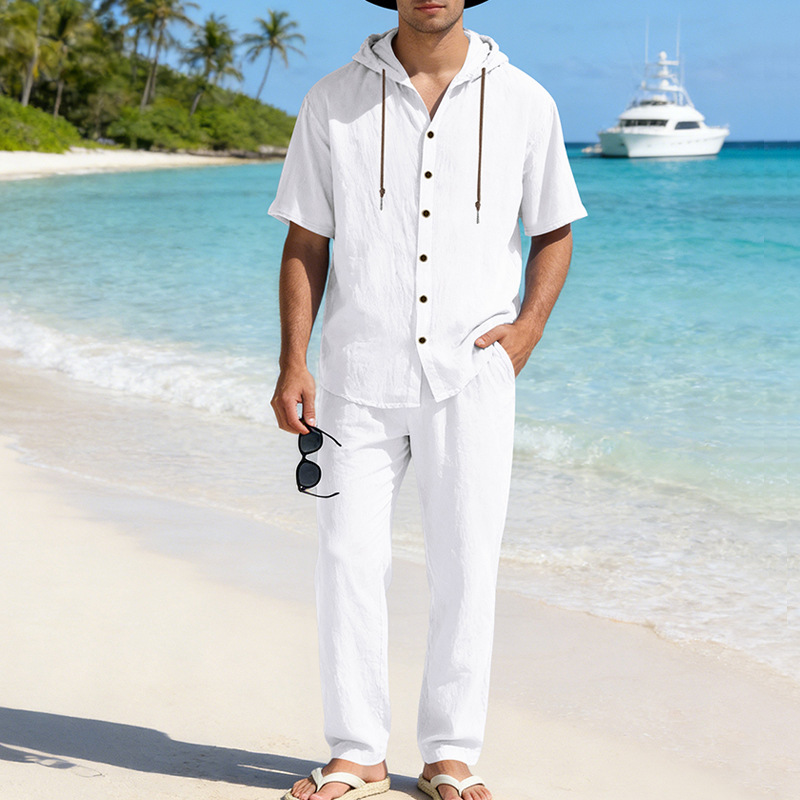 Herren Sommer Leinen Set Kurzarmhemd Und Hose Im Casual Style_voghion.com