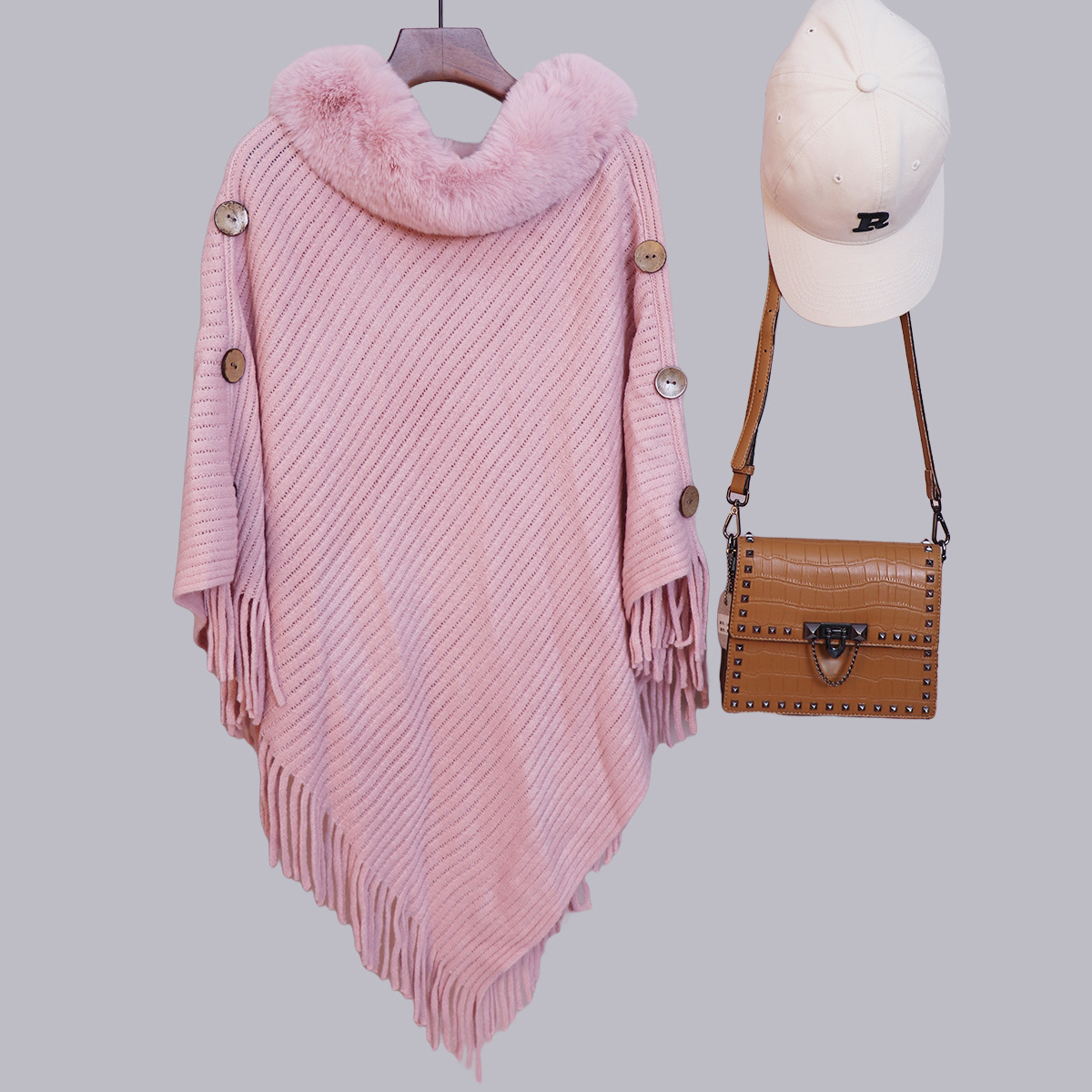 Capa de cuello de lana europea y americana transfronteriza diseño medio largo botón lateral chale de punto