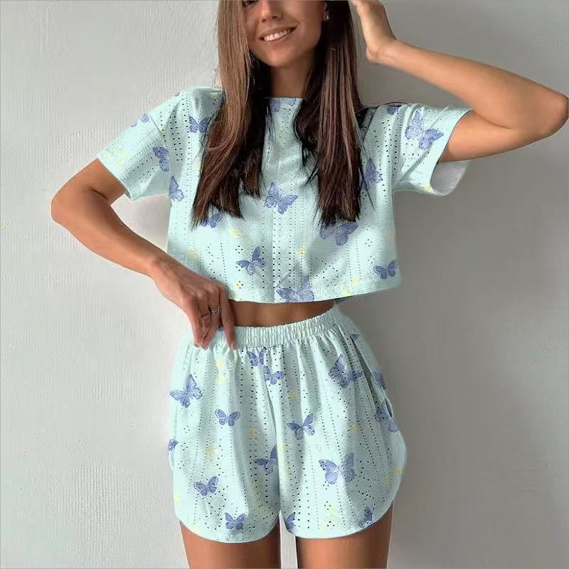 现货跨境欧美女式睡衣家居服套装女士夏季两件套短袖短裤提花时尚|undefined
