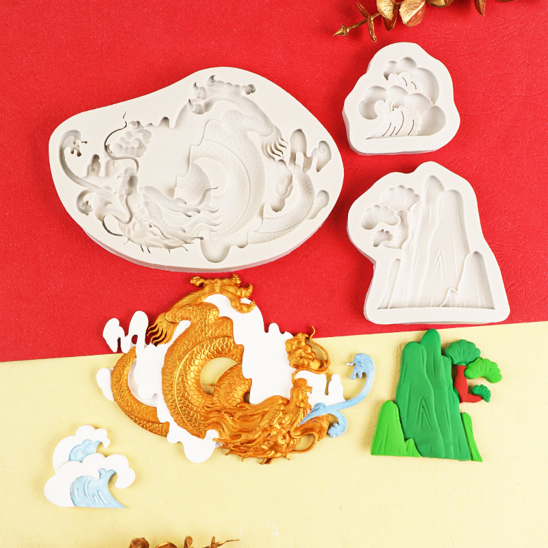 Año Nuevo estilo chino auspicioso dragón spray hornear fondant cake decoración montaña edificio casa chocolate molde de silicona