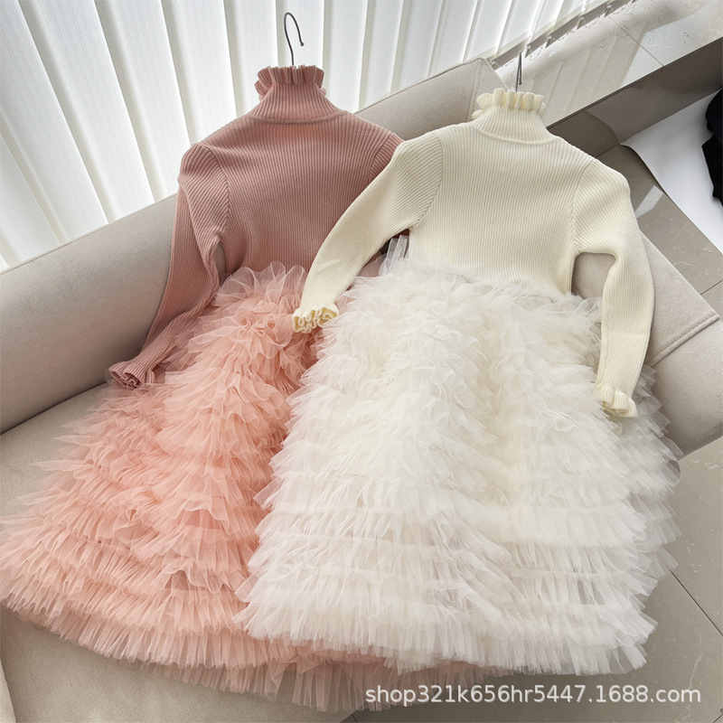 2024 primavera y otoño vestido de las niñas suéter de malla pettiskirt Niña de cumpleaños vestido de princesa vestido de regalo ESTILO OCCIDENTAL