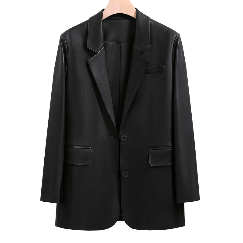 Новинка осени 2024: Женский костюм из искусственной кожи для полных женщин, стройнящий силуэт [8901 В наличии]