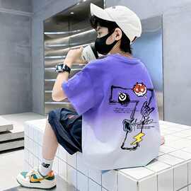 天才鲸男童撞色短袖T恤夏季薄款儿童圆领半袖韩版宽松中小童上衣