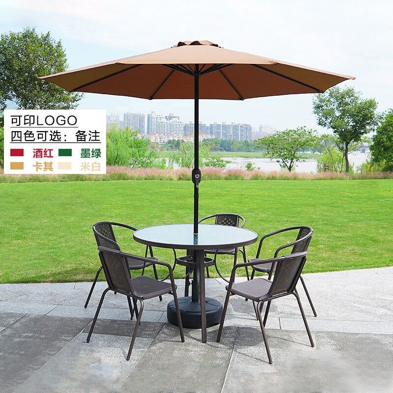 Outdoor Table and Chair Set with Umbrella, Courtyard Open-Air Tea Table, Rattan Chair Three-Piece Set, Home Outdoor Leisure Balcony Small Table and Chairs