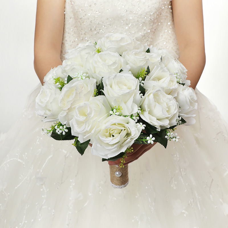 Baoxin Bridal Bouquet - Forest Style White Rose Hand-tied Bouquet with Creative Jute Handle, Rural Wind Wedding Handflower
