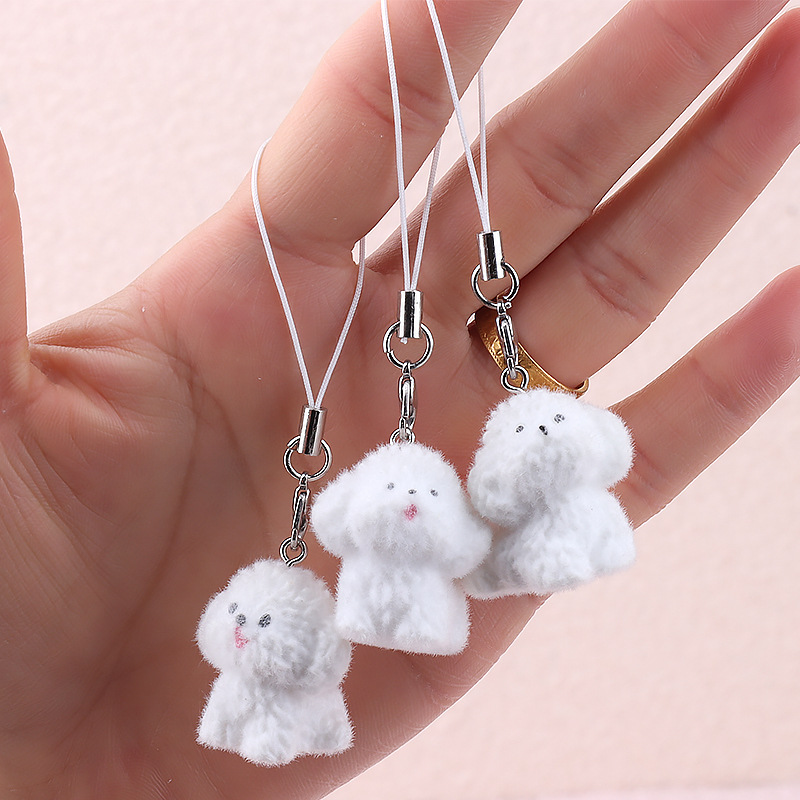 한국식 귀여운 부드러운 귀여운 잠금 화이트 개 휴대 전화 끈 자동차 키 체인 AirPods 펜던트 여성 체인