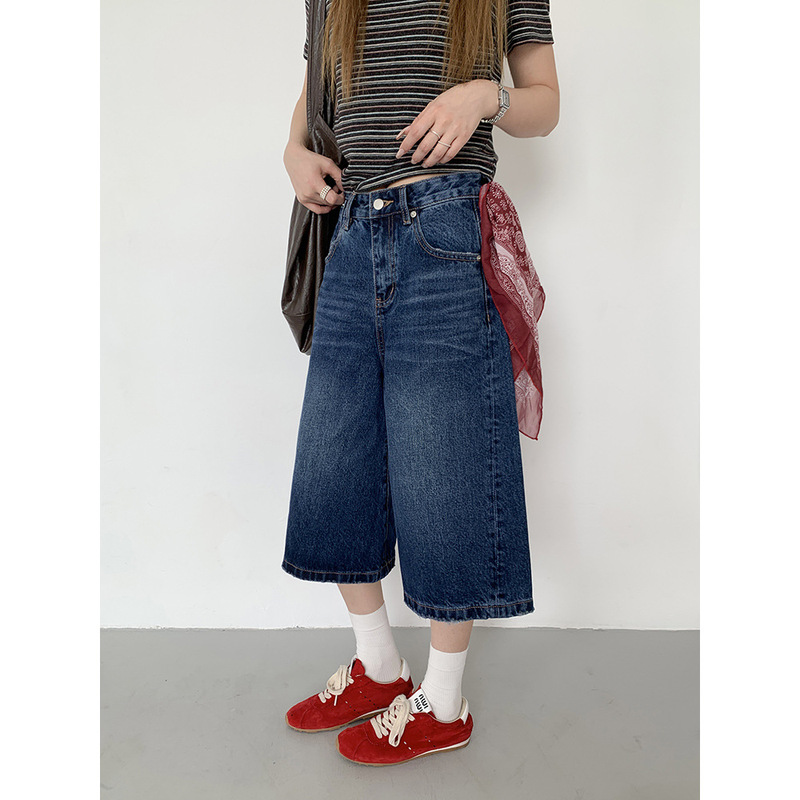 Icc High-End Silhouette Simple Mid-Length Pants Loose Versatile Denim Cropped Pants Guangzhou Thirteen Lines 10384