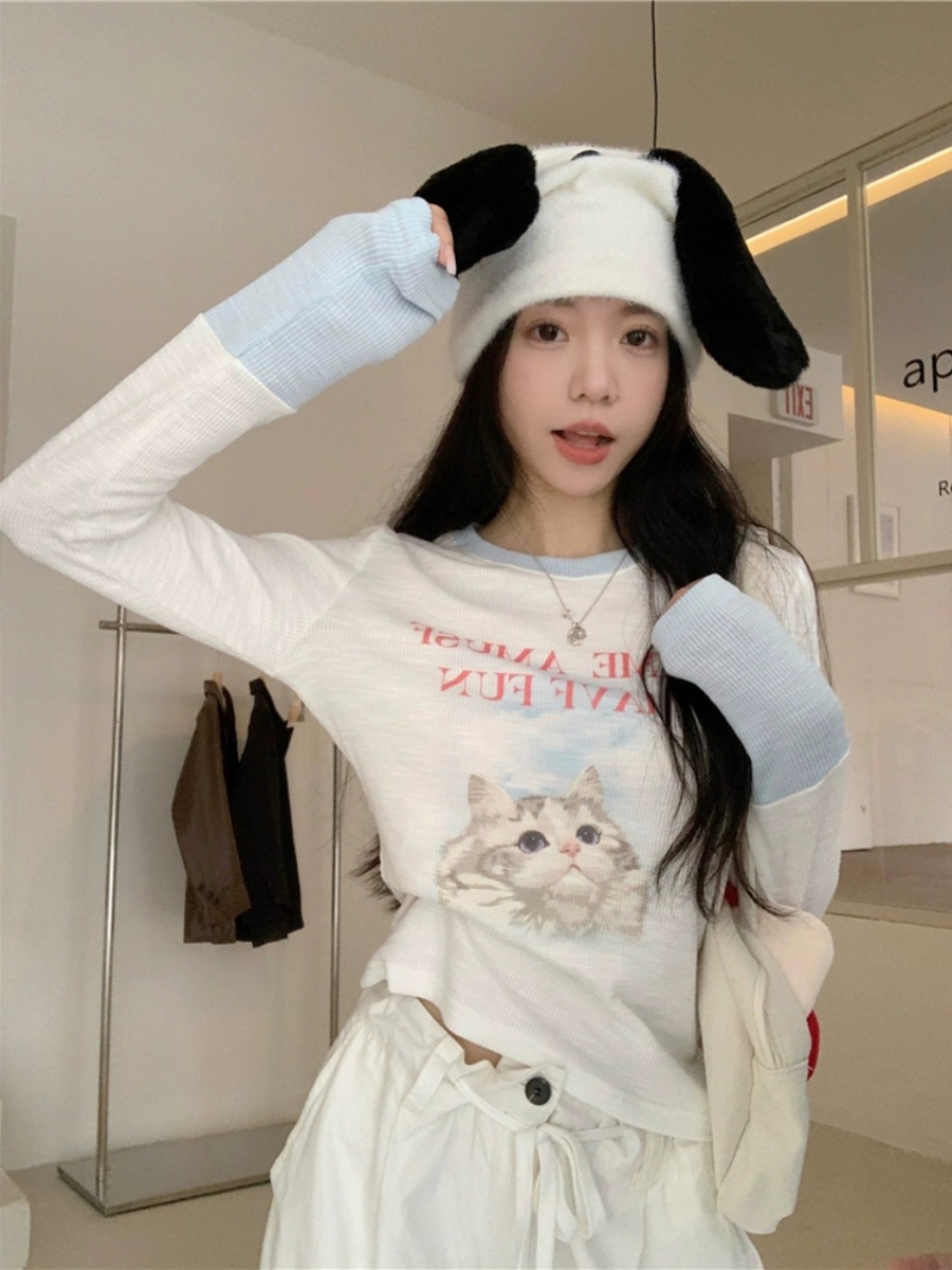 甜辣妹猫咪T恤女设计感小众秋季短款独特别致绝美长袖打底衫上衣