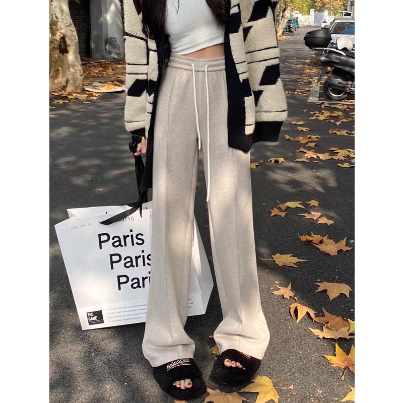 Pantalones rectos de lana gris para mujeres 2024 otoño y invierno de cintura alta pantalones de piernas anchas de edición estrecha pantalones casuales de trajes gruesos a herringbone