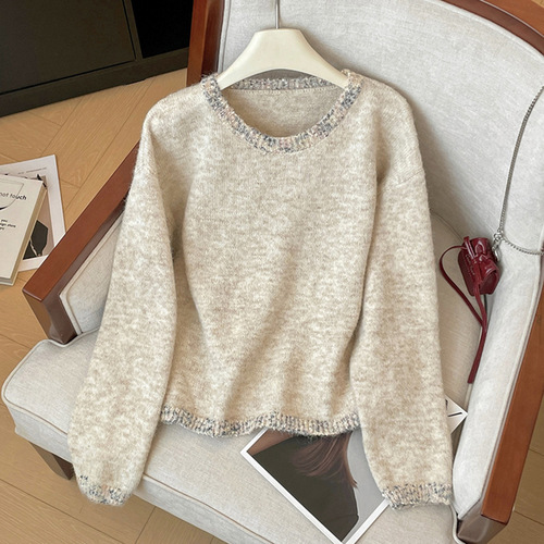 Lazy style long-sleeved loose slimming top for women, fashionable diamond round neck pullover, solid color simple knitted sweater, small fragrance style